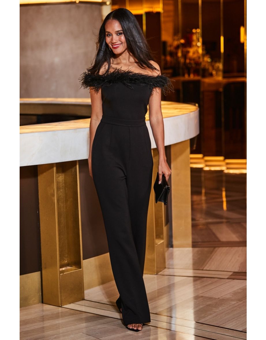 Black Bardot Feather Trim Jumpsuit
