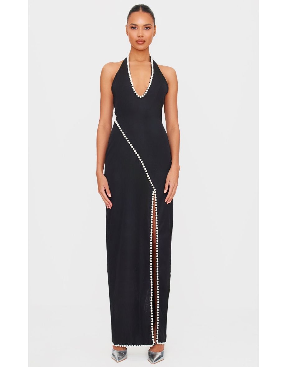 Black Pearl Detail Side Split Maxi Dress
