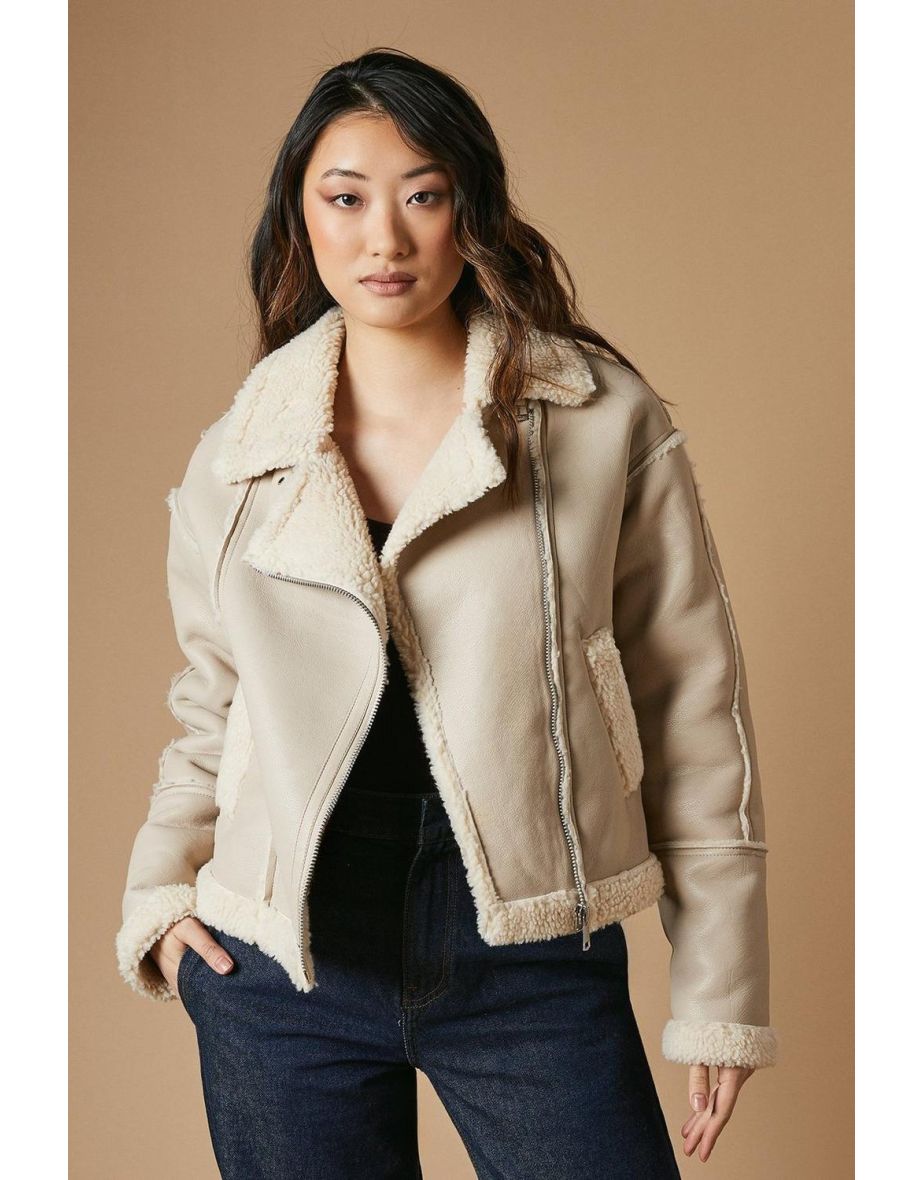 PU Borg Detail Collared Zip Jacket