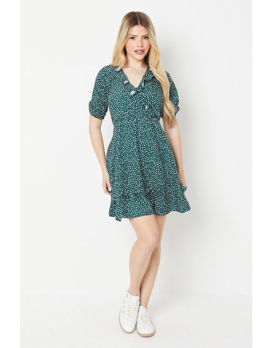 Green Spot Wrap Mini Dress