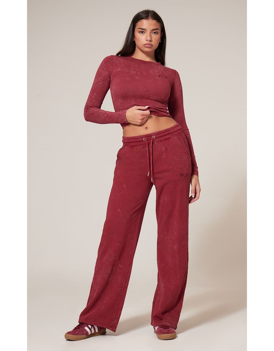 PRETTYLITTLETHING Dark Red Washed Low Rise Oversized Wide Leg Joggers