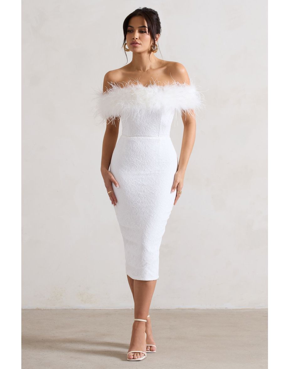 Maiden | White Lace Bardot Midi Dress With Feather Trim - 3
