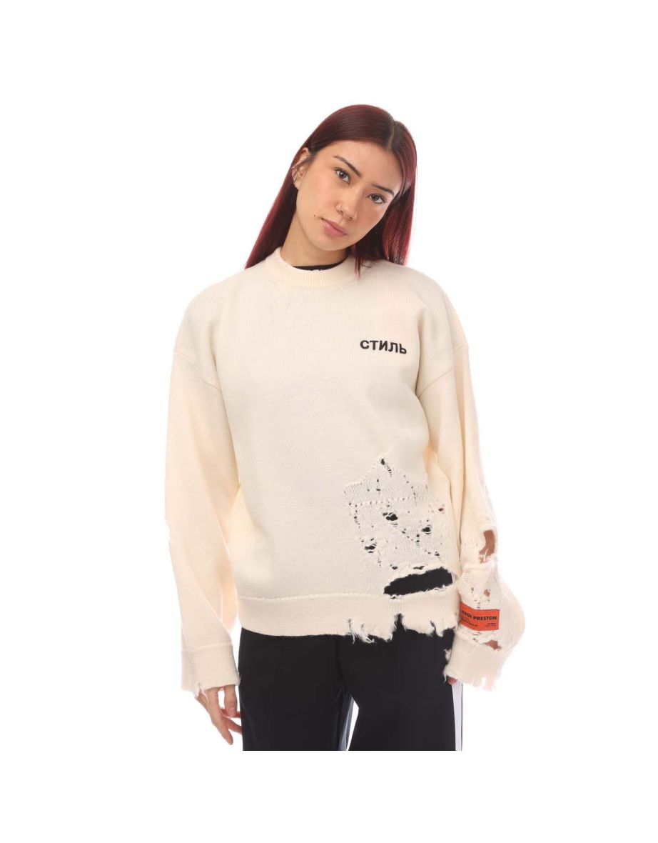 Women's Heron Preston Shredded Knitted Crewneck Sweater in White