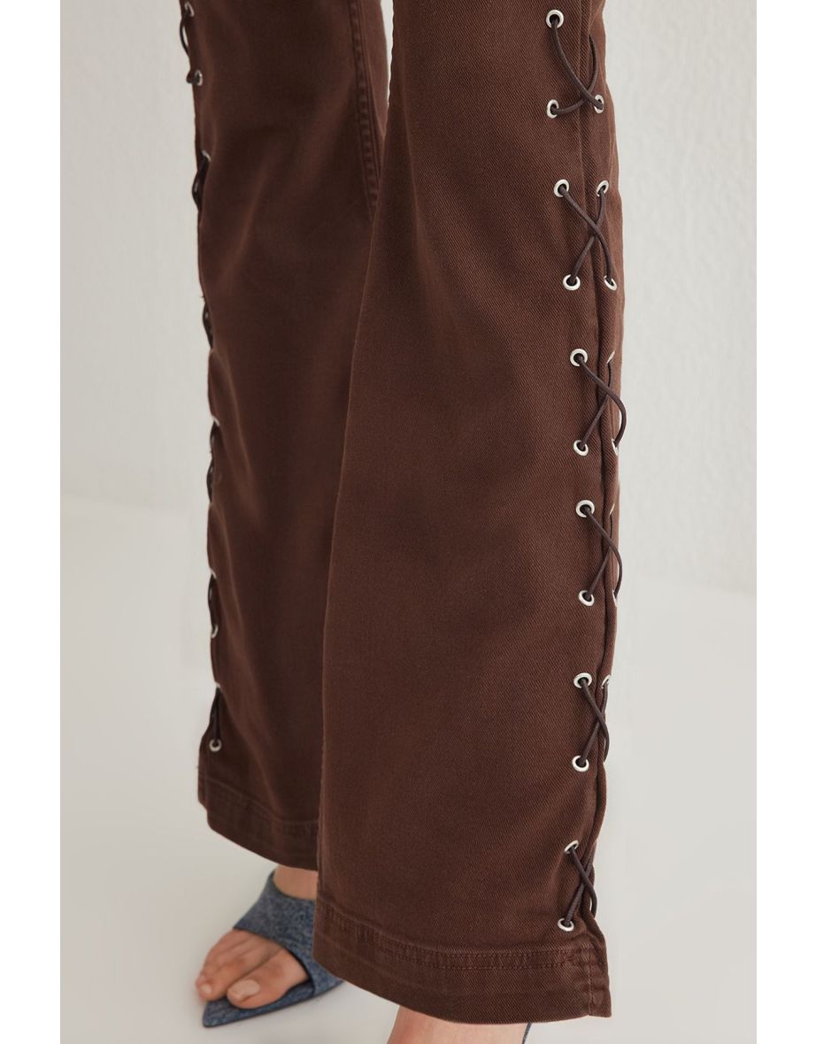 Brown Eyelet Side Lace High Waist Flare Jeans - 4