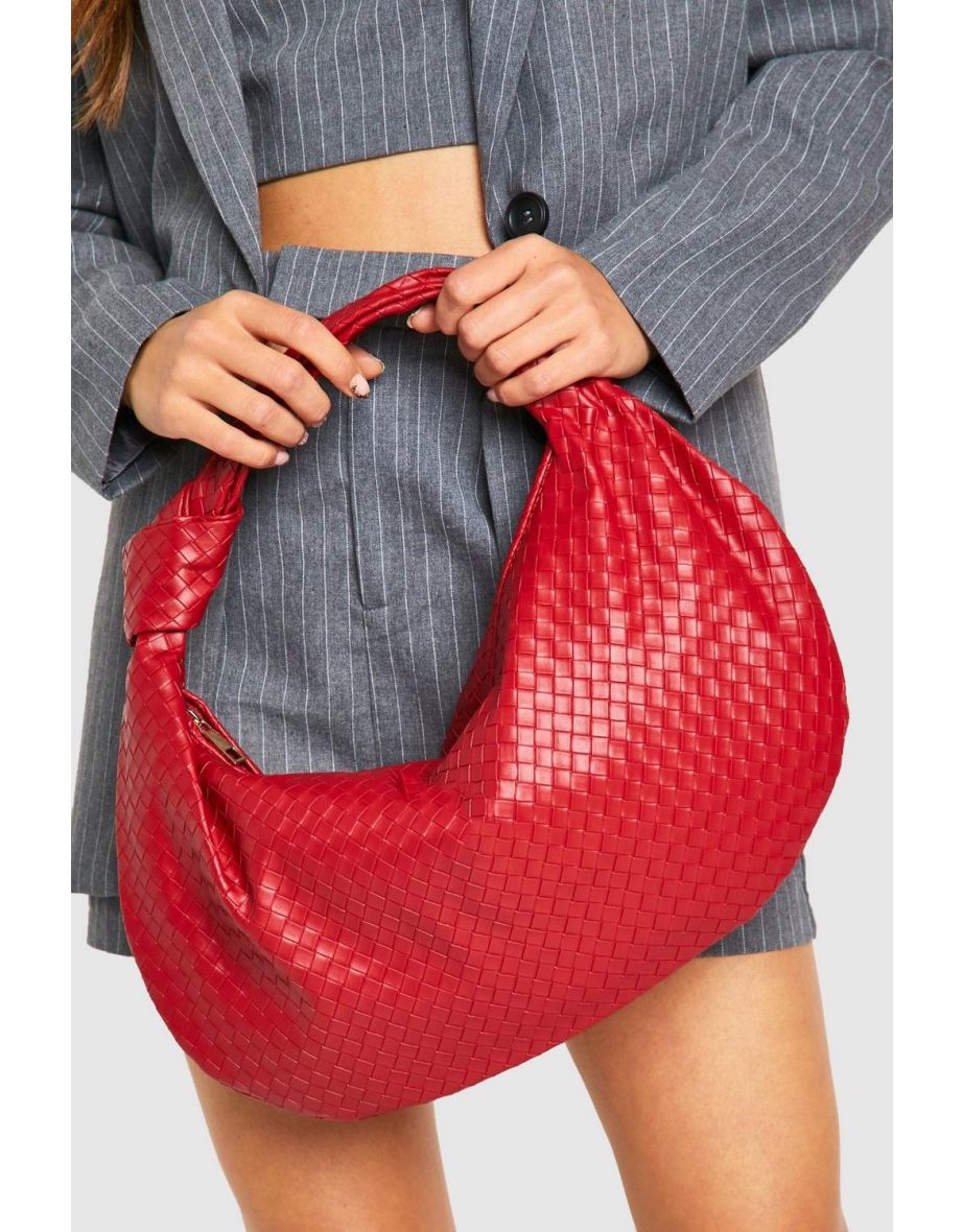 Woven Knotted Strap Detail Oversized Shoulder Bag - red
