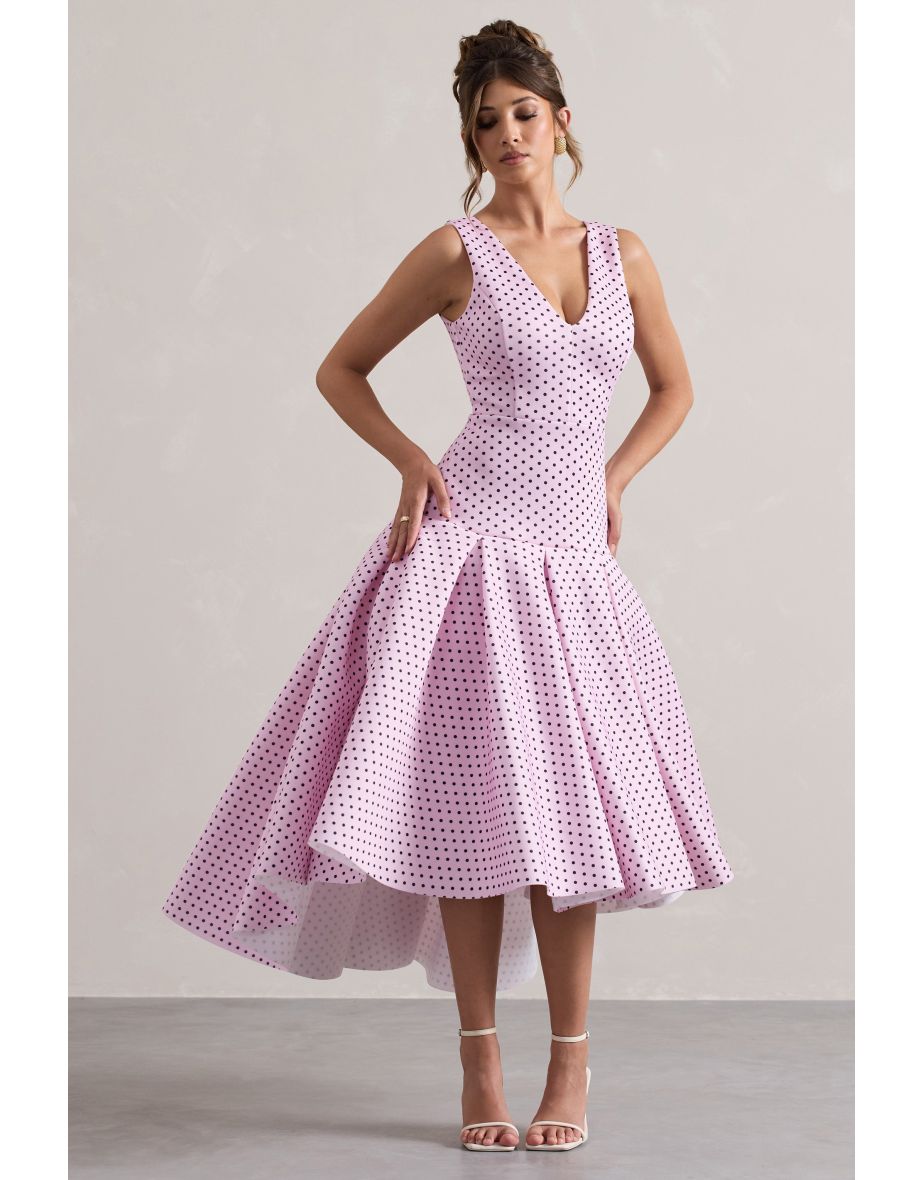 Amoret | Pink Polka Dot Plunge-Neck Maxi Dress With Volume Hem