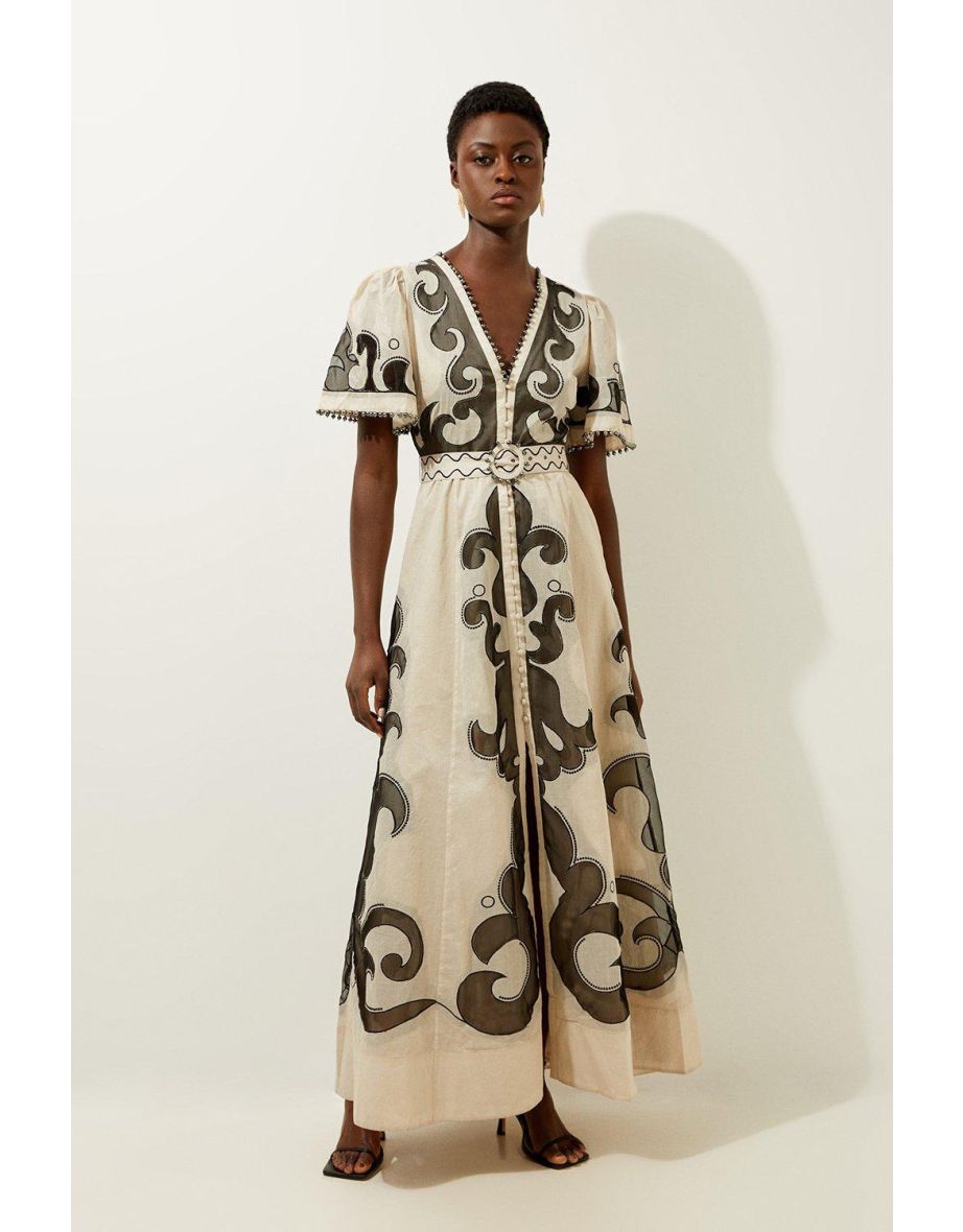 Baroque Applique Organdie Woven Maxi Dress