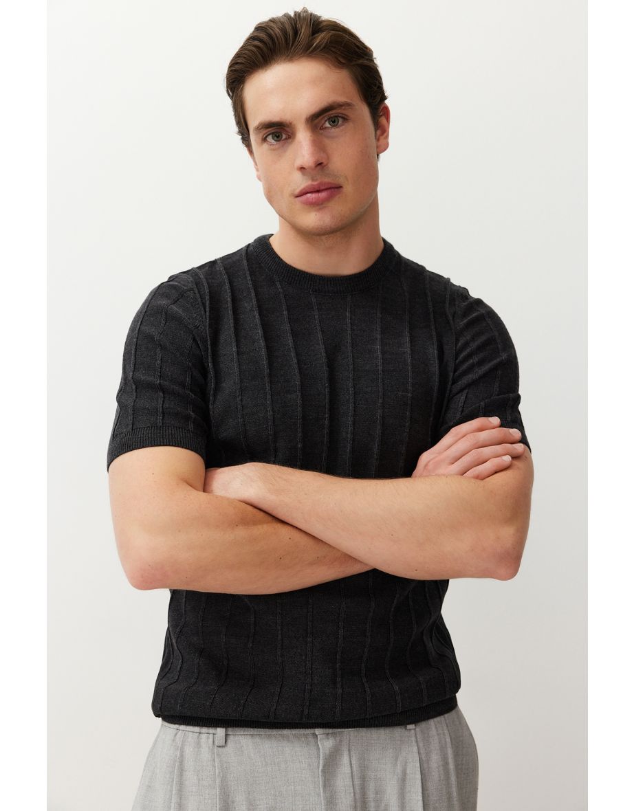 Men's Anthracite Slim Fit Crew Neck Basic Knitwear T-shirt