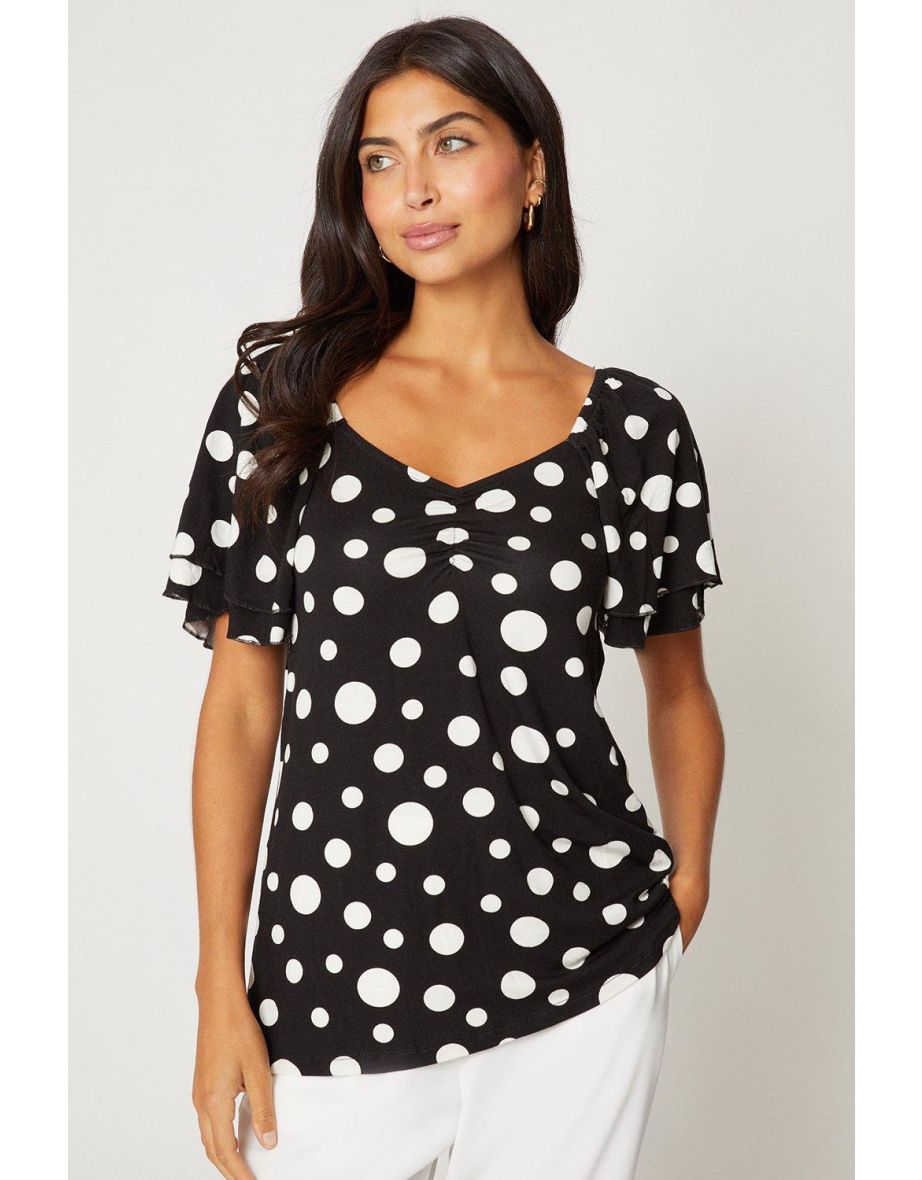 Mono Spot Sweetheart Ruched Detail Jersey Top