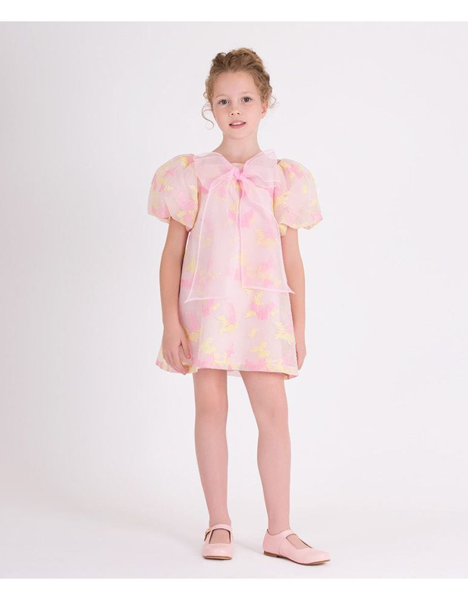 Girls Balloon Sleeve Jacquard Organza Dress in Pink