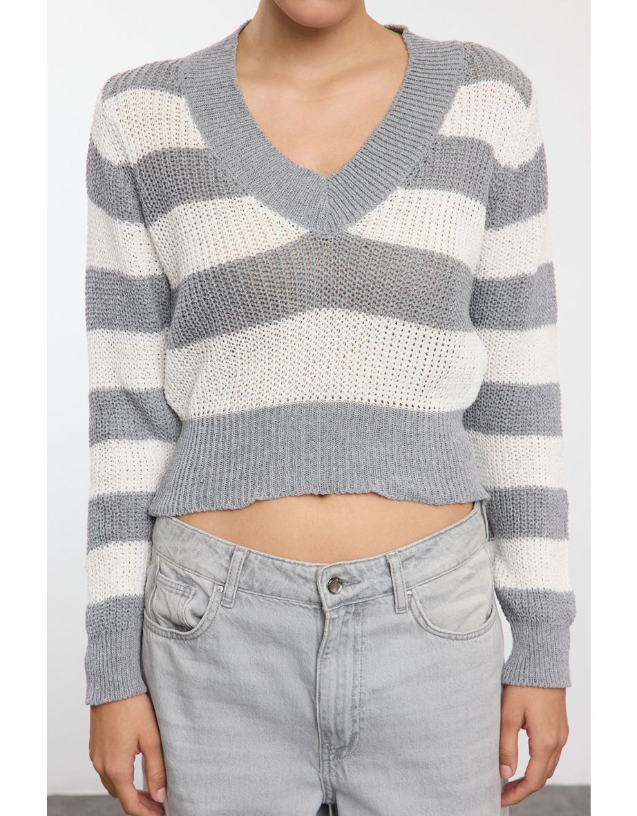 Gray Crop V Neck Striped Knit Sweater