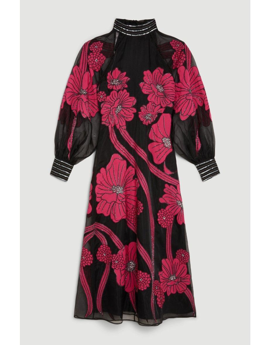 Applique Organdie Floral Graphic Woven Maxi Dress - 3
