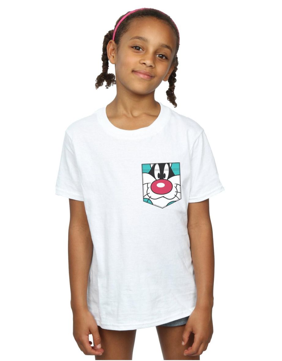 Looney Tunes Girls Sylvester Face Faux Pocket Cotton T-Shirt - White