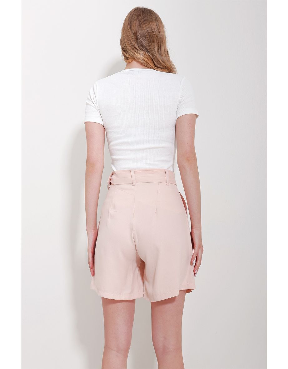 Women's Powder Pink Double Pocketed Waist Belted Gabardine Shorts - 5