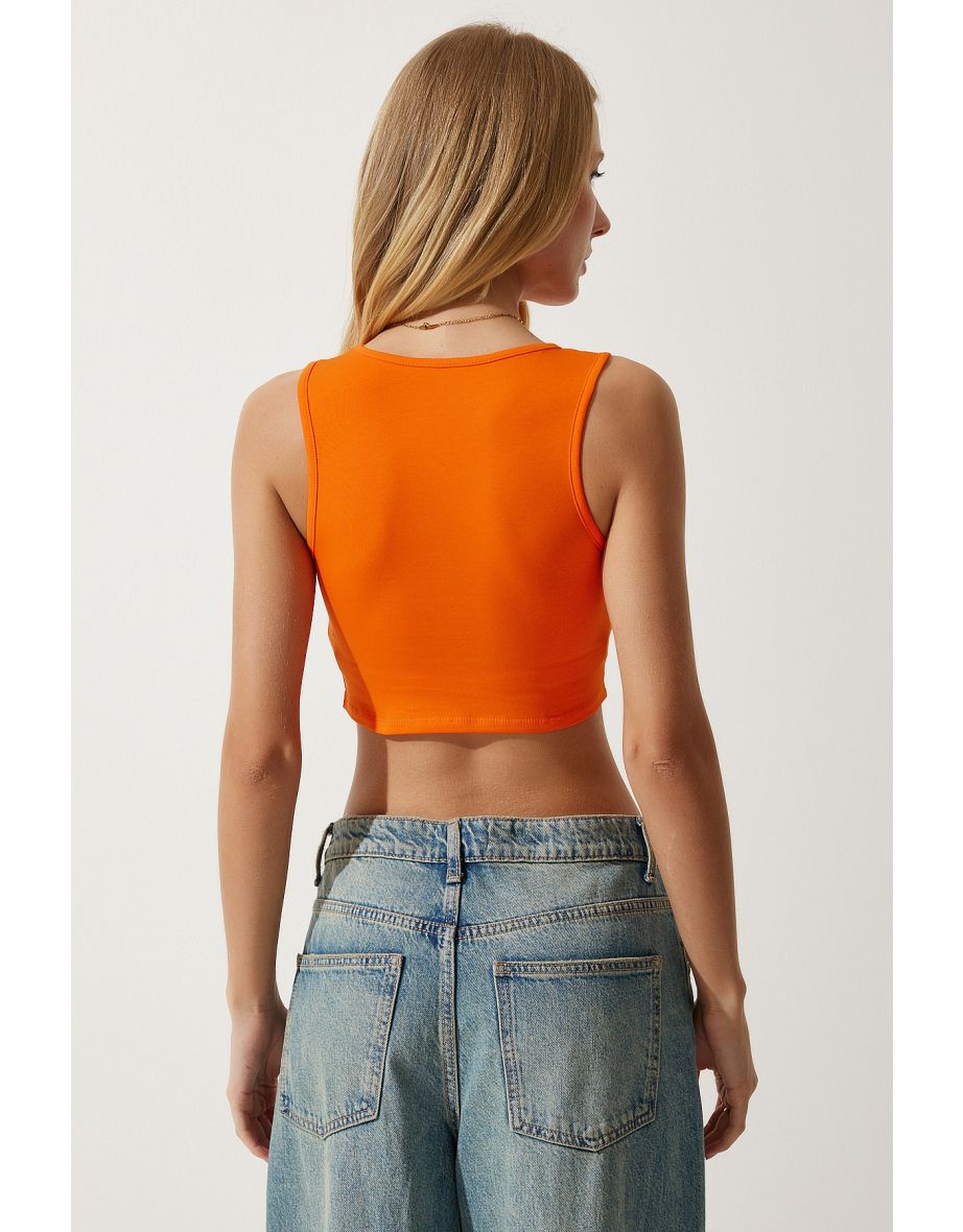 Women's Orange Halter Neck Crop Knitted Blouse - 3