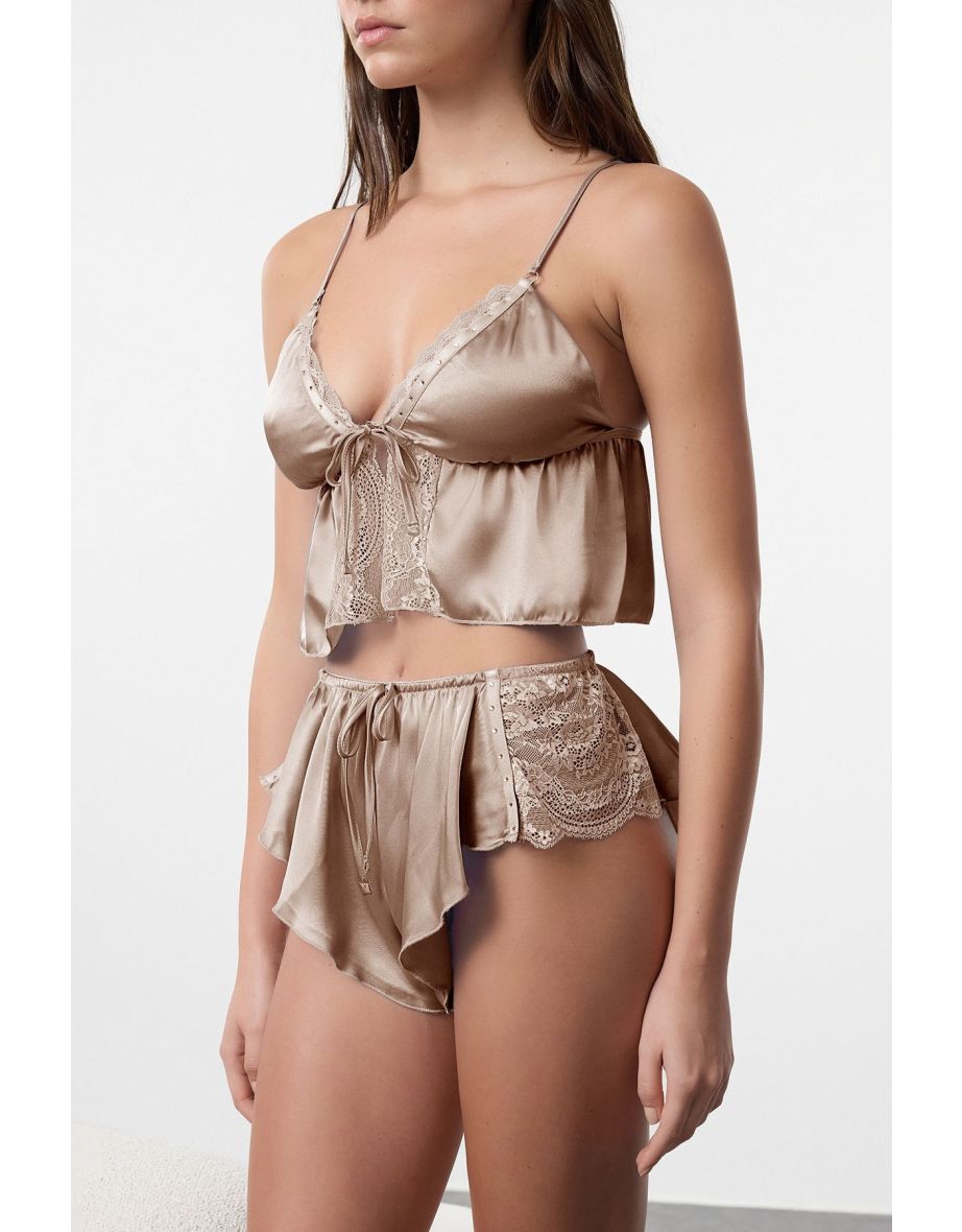 Bronze Satin Stone, Lace Tie/Ribbon/Bow Detailed Coverless Lingerie Sets - 4