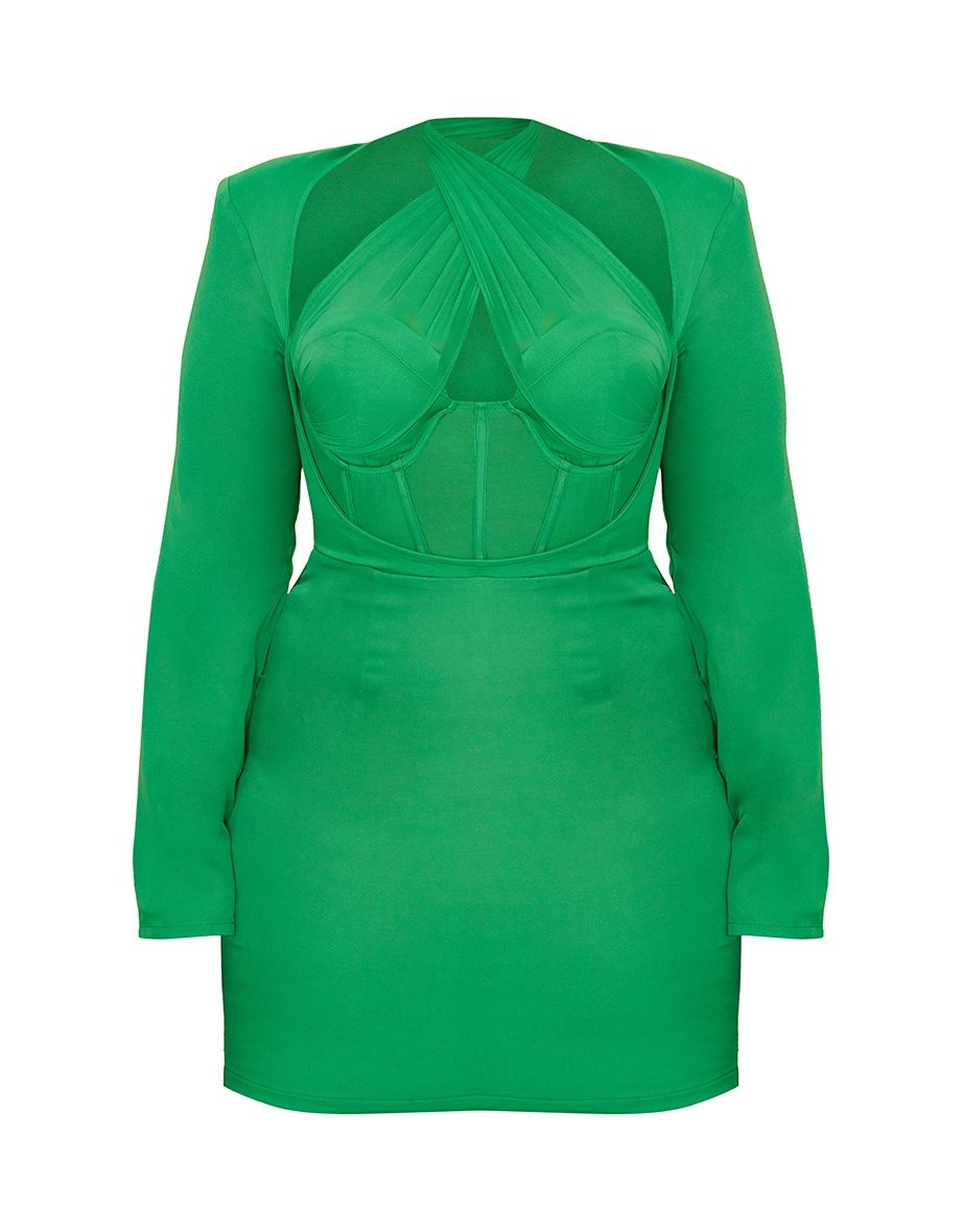 Plus Bright Green Premium Corset Cross Front Bodycon Dress - 4