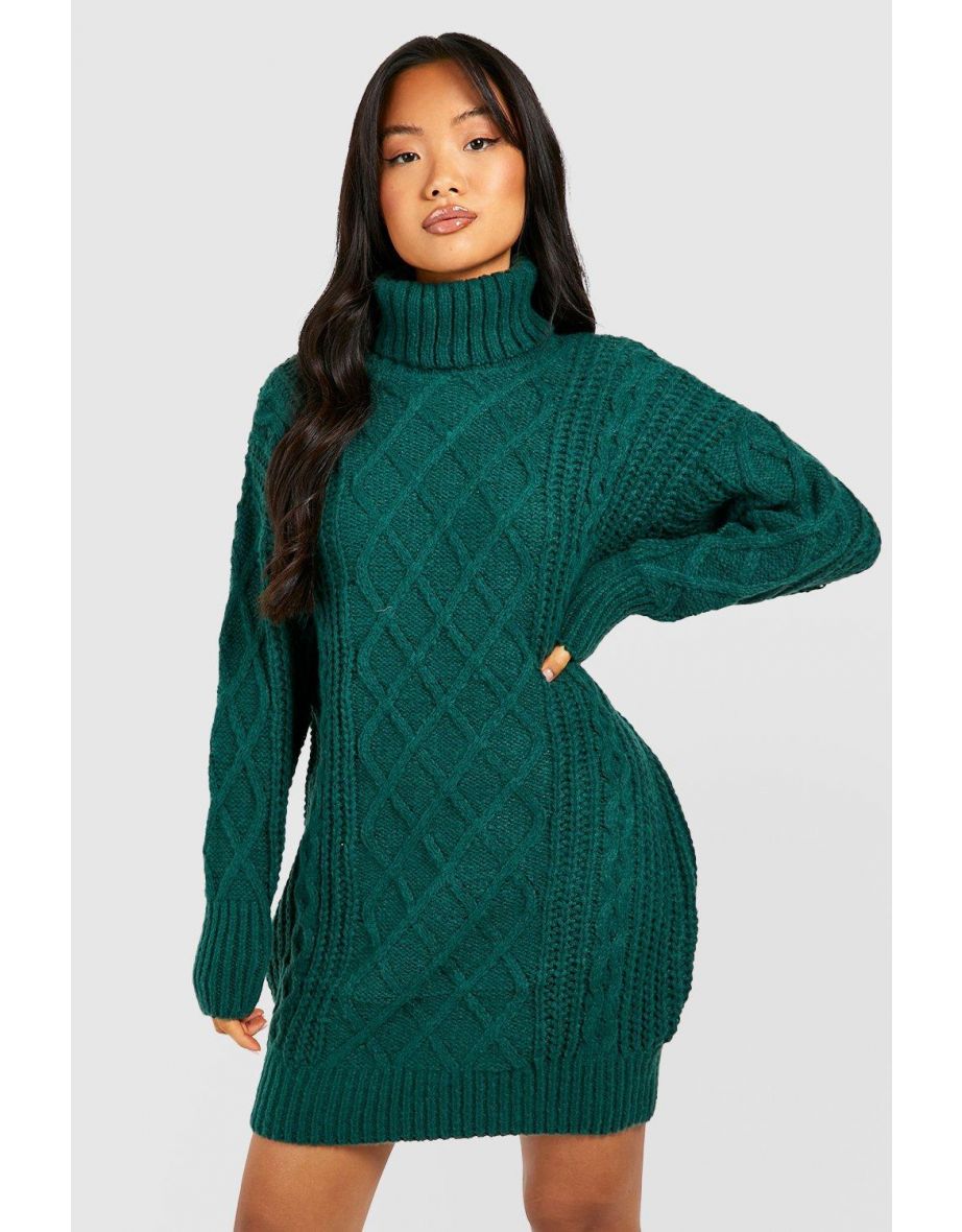 Petite Roll Neck Diamond Cable Knit Jumper Dress - bottle green