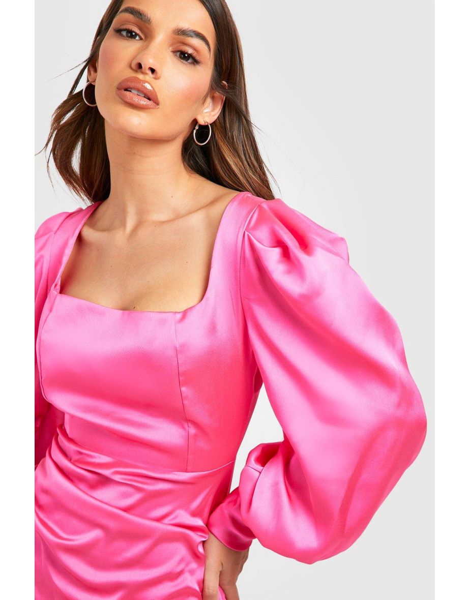 Satin Blouson Sleeve Maxi Dress - cerise - 3