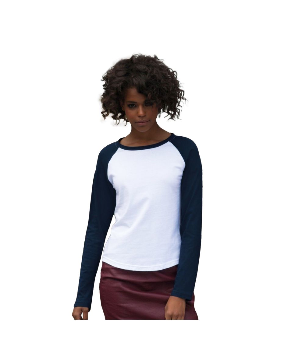 Skinnifit Womens/Ladies Long Sleeve Baseball T-Shirt - White /Oxford Navy - 1