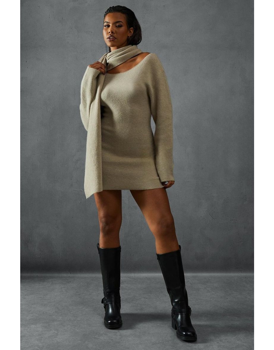 Knitted Slash Neck Scarf Detail Mini Dress