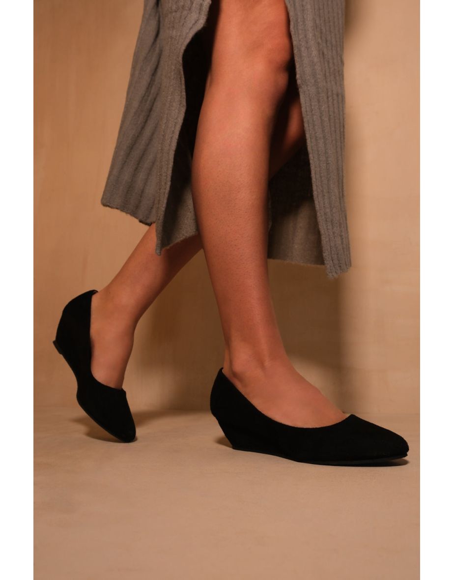 KIERAN PLATFORM LOW WEDGE MID HEEL COURT SHOES IN BLACK SUEDE