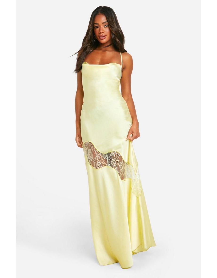 Shop Satin Lace Mix Floor Length Dress lemon Online in Oman VogaCloset