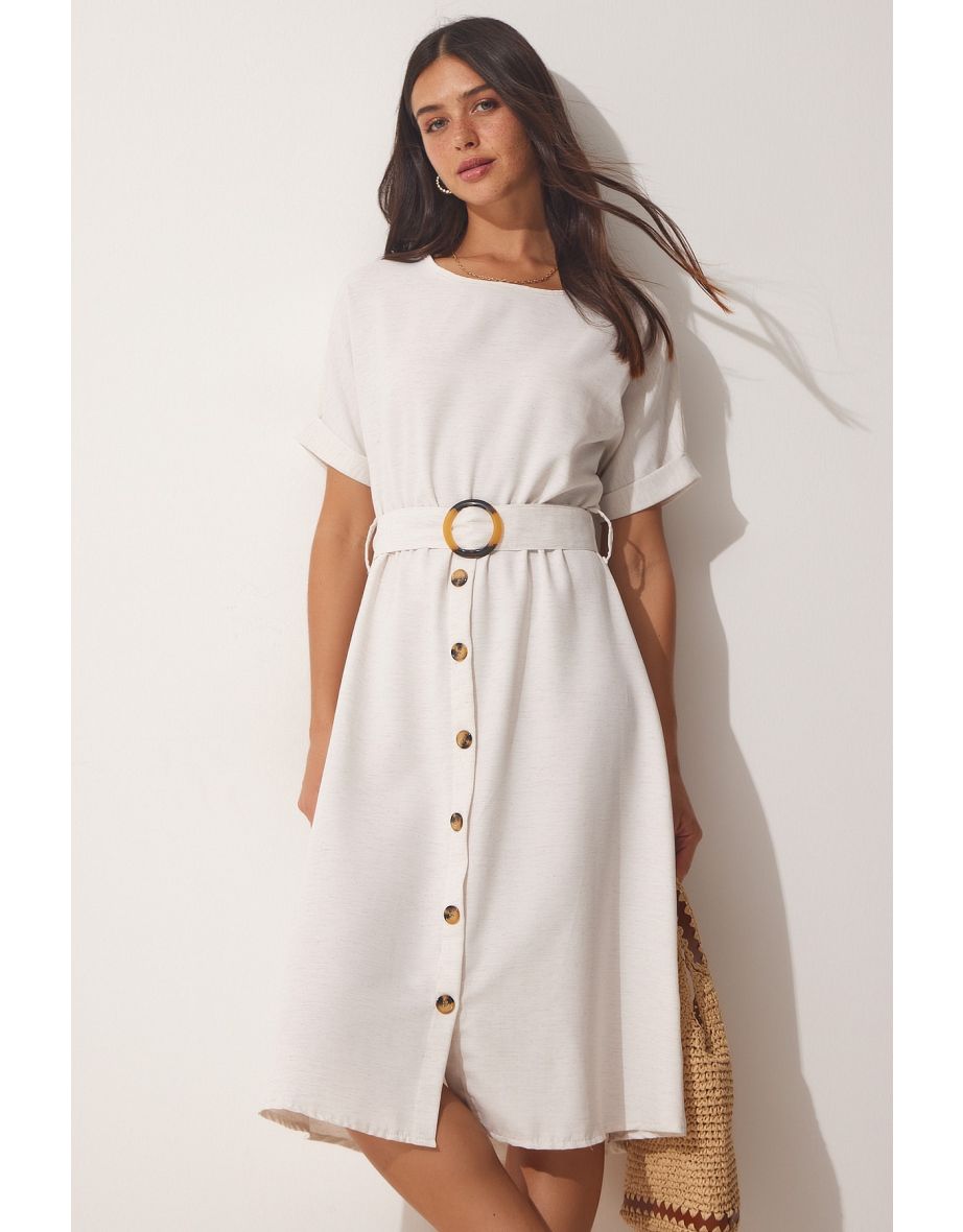 Women's Cream Viscose Linen Summer Dress With Belt