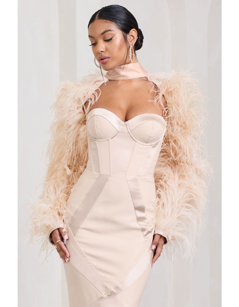 Wild | Champagne Satin Jacket With Long Feather Sleeves