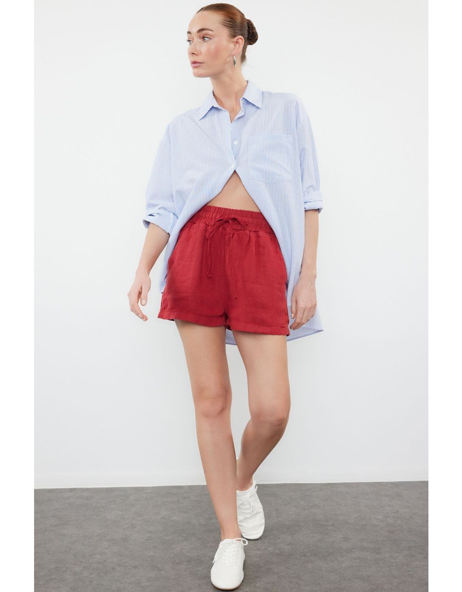 Red Linen Elastic Waist High Waist Shorts