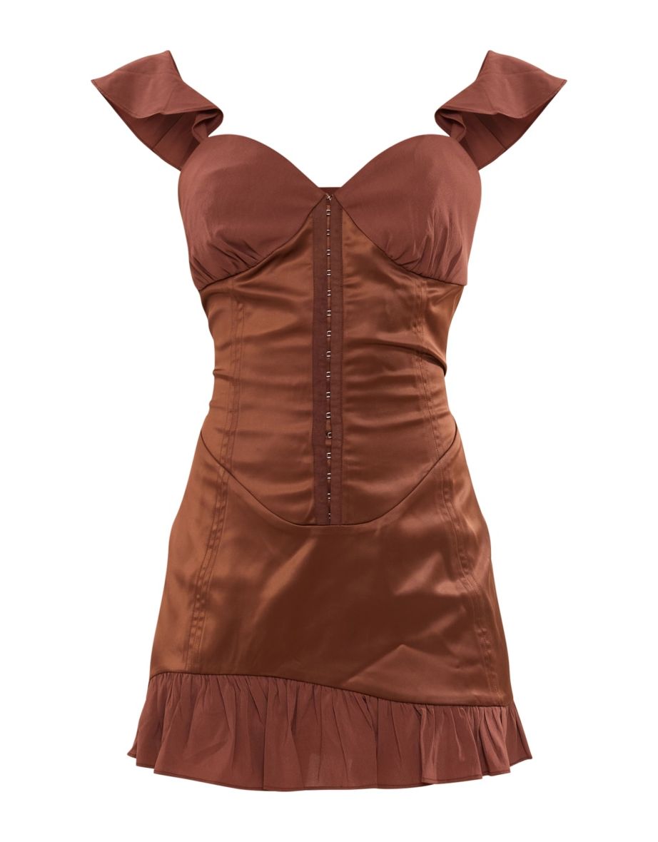 Chocolate Satin Corset Mesh Frill Cup Detail Mini Dress - 4