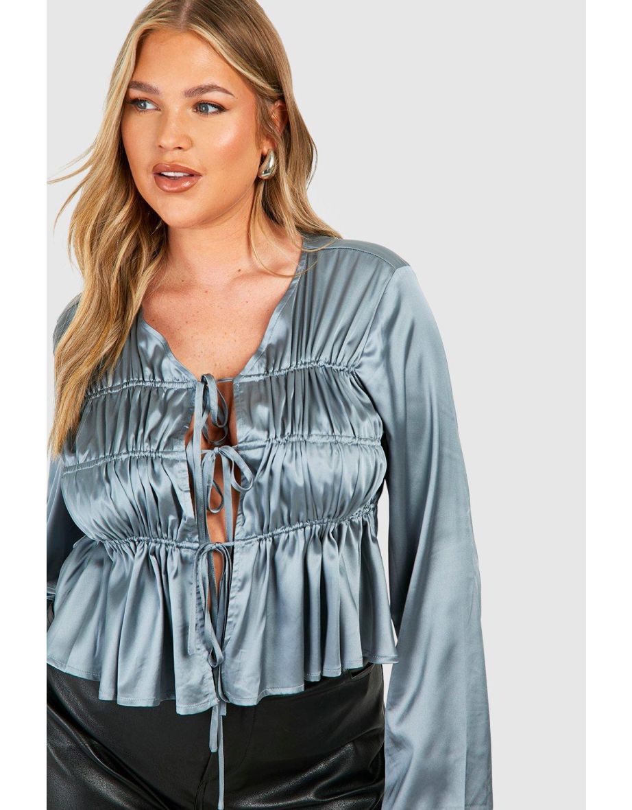 Plus Satin Tie Front Tiered Blouse - steel - 3