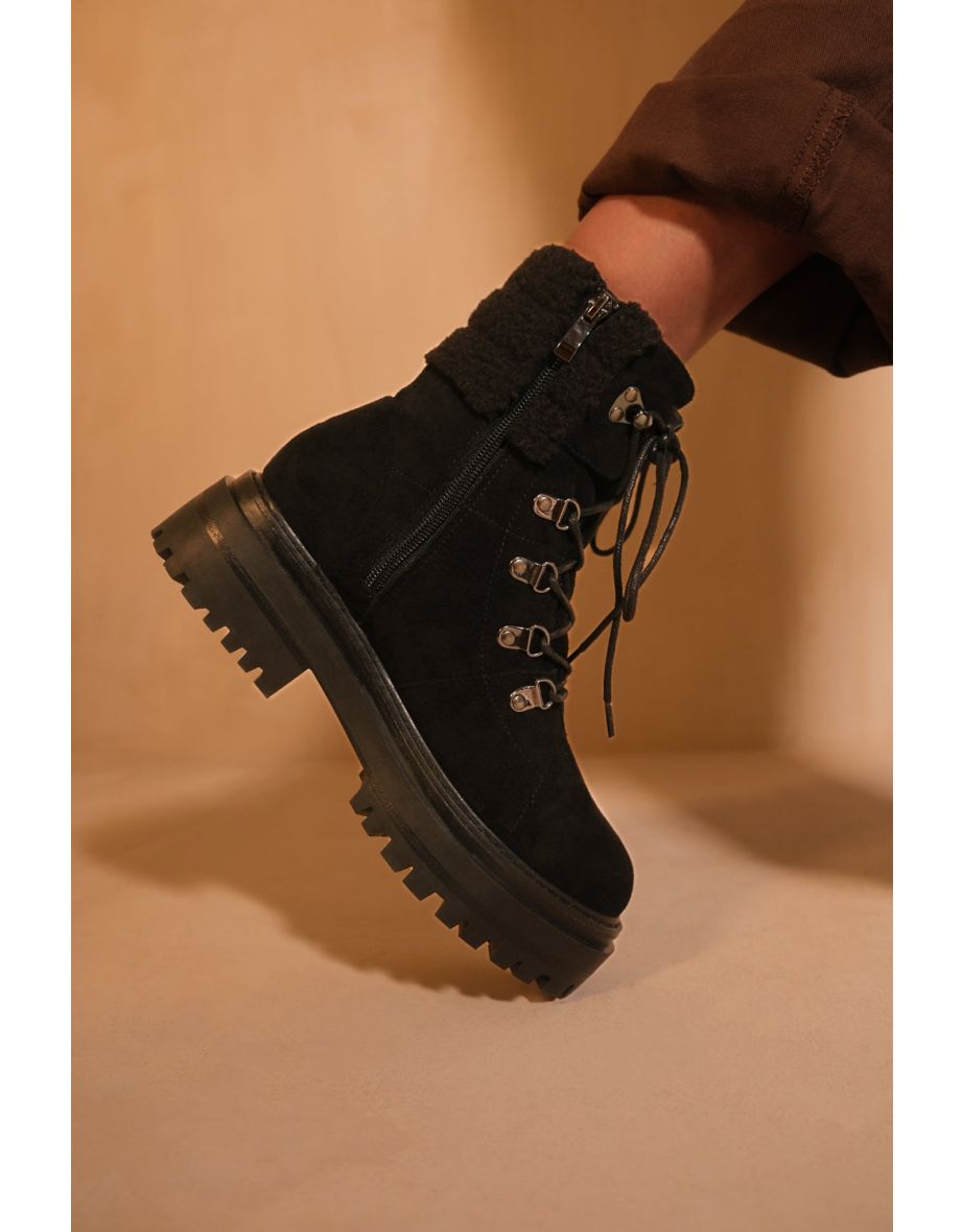 HEIDI PLATFORM LACE UP BOOT WITH SIDE ZIP AND FAUX WOOL DETAIL AROUND THE ANKLE IN BLACK SUEDE - 2