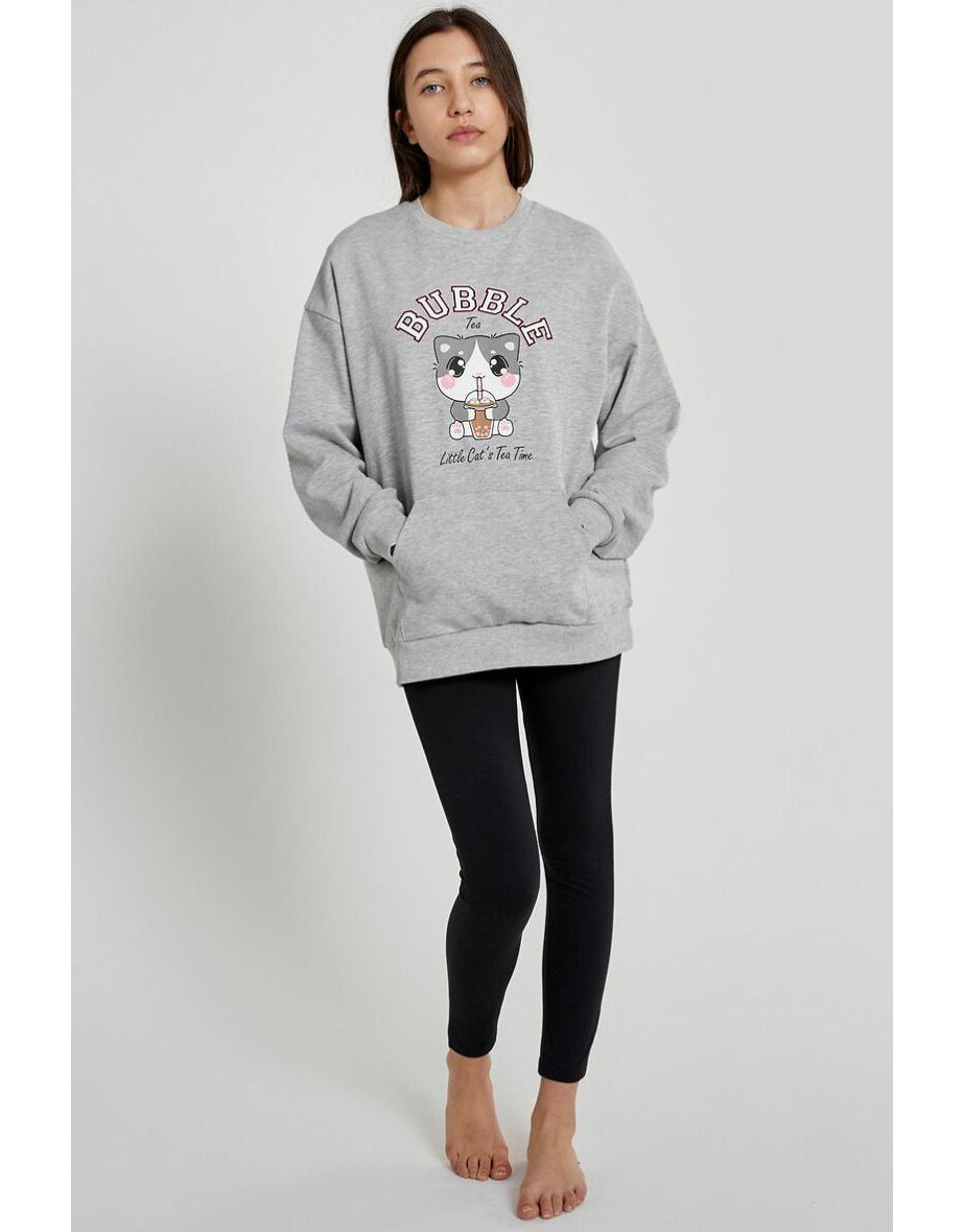 Cotton Mix Oversize Pyjamas with Cat Print