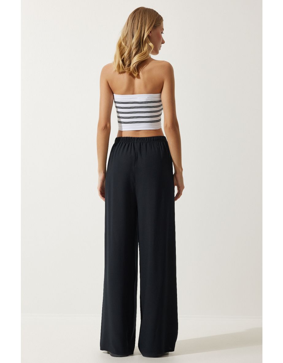Women's Black Flowy Knitted Palazzo Trousers - 5