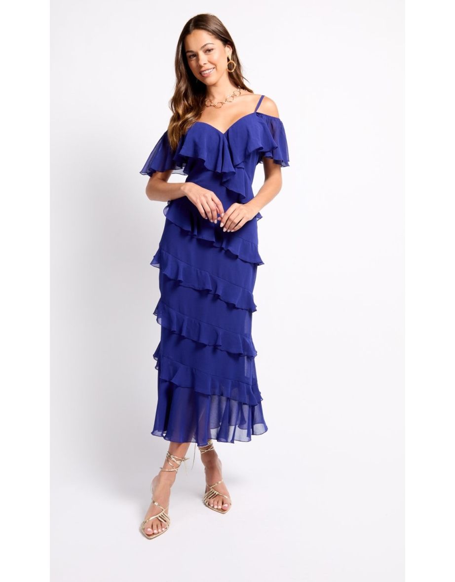 Cobalt Frill Cold Shoulder Midaxi Dress