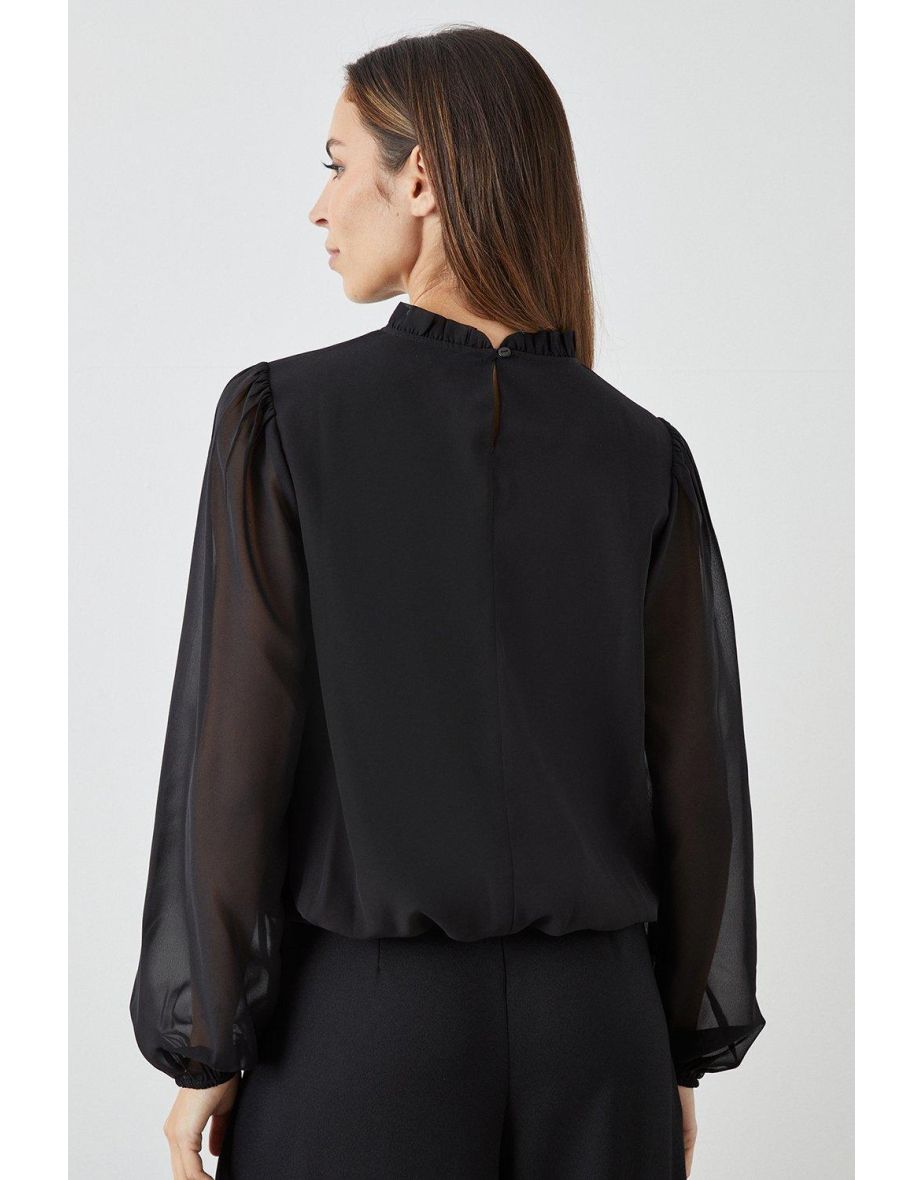 Ruffle Neck Bubble Hem Top - black - 3