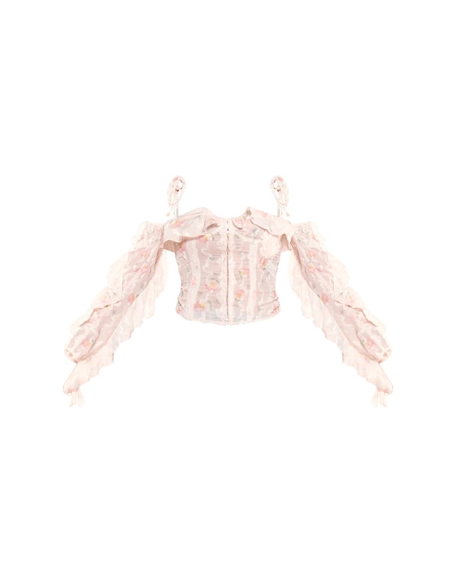 Baby Pink Floral Applique Ruffle Bardot Hook And Eye Top - 4
