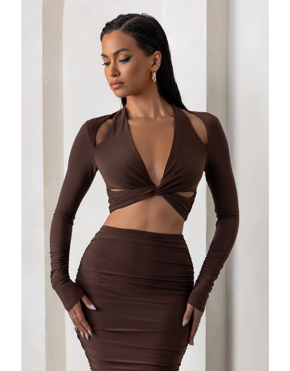 Admirable | Chocolate Brown Plunge Neck Twist Front Crop Top With Long Sleeves