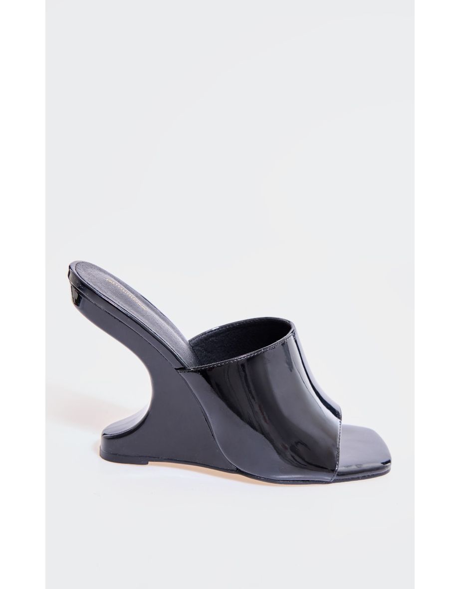 Black Patent Pu Cut Out Heeled Mule Wedges