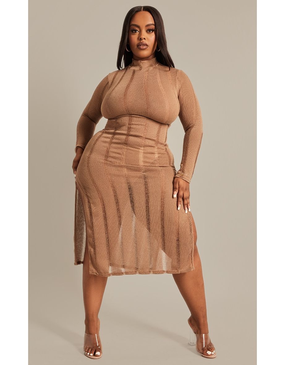 Plus Oatmeal Distressed Long Sleeve Midi Dress