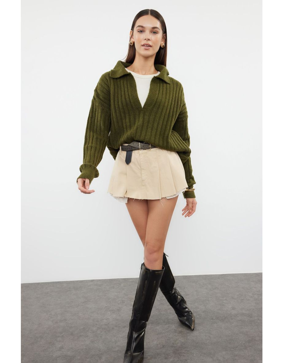 Khaki Soft Textured Polo Neck Knitwear Sweater