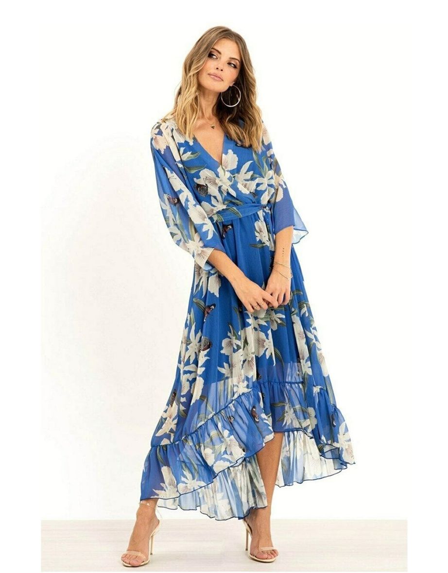 Yumi Floral Print Kimono Midi Wrap Dress Blue - 3