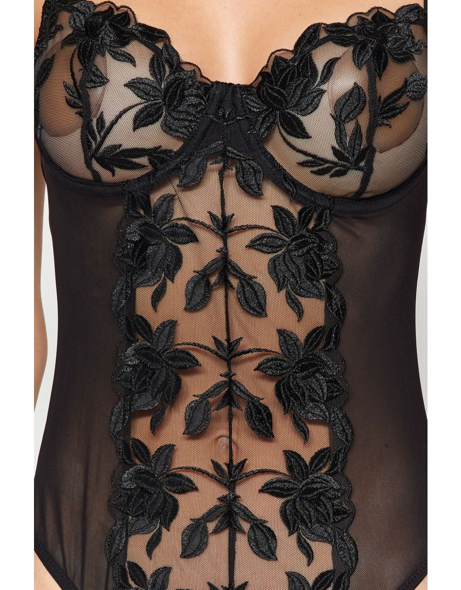 Black Embroidered Lace Body With Detachable Suspenders and Snap Snap - 7