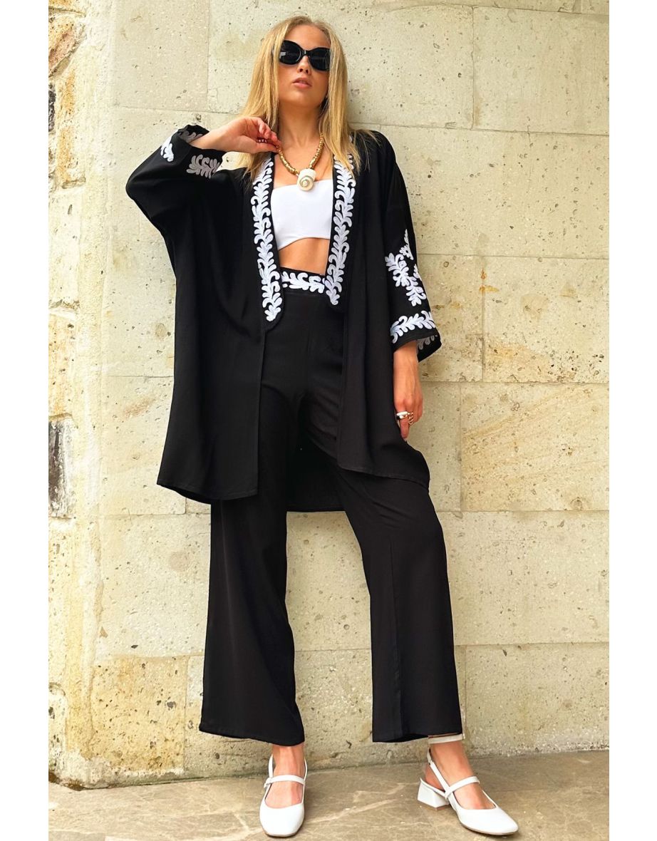 Women's Black Embroidery Detailed Pocketed Trousers and Kimono Jacket Double Set - 4