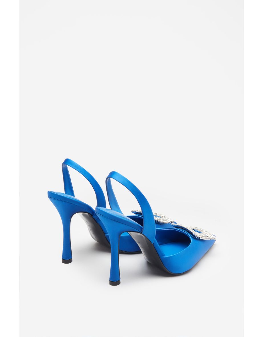 Just A Fling | Blue Satin Sling Back Heels With Diamante Brooches - 5