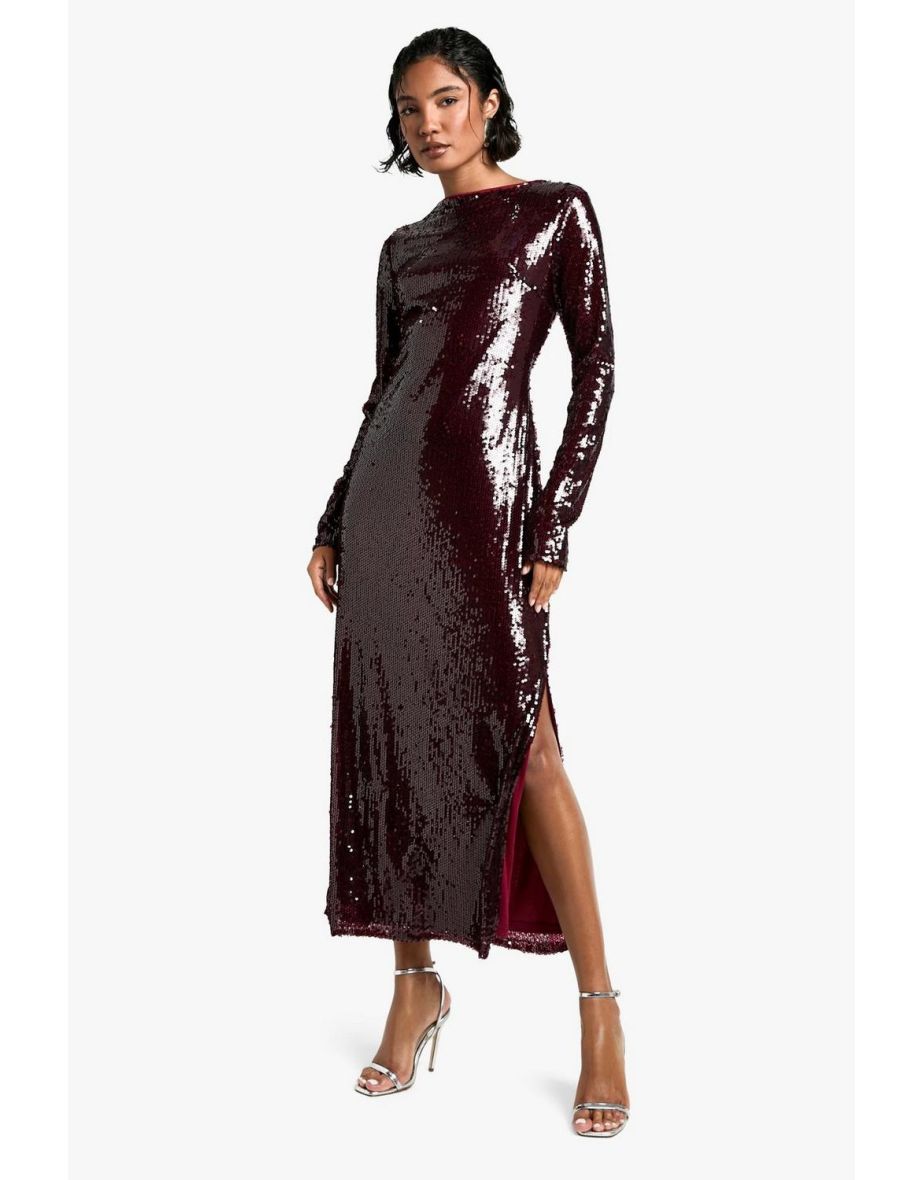 Tall Crew Neck Sequin Maxi Dress - plum