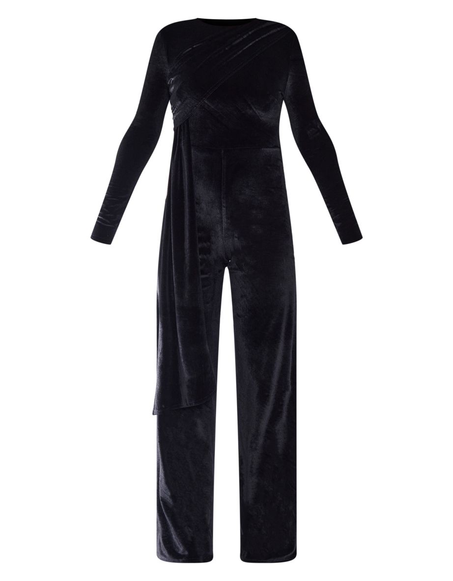 Black Velvet Wrap Drape Detail Wide Leg Jumpsuit - 4