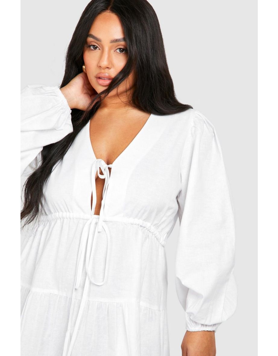Plus Woven Tie Detail Long Sleeve Skater Dress - white - 3