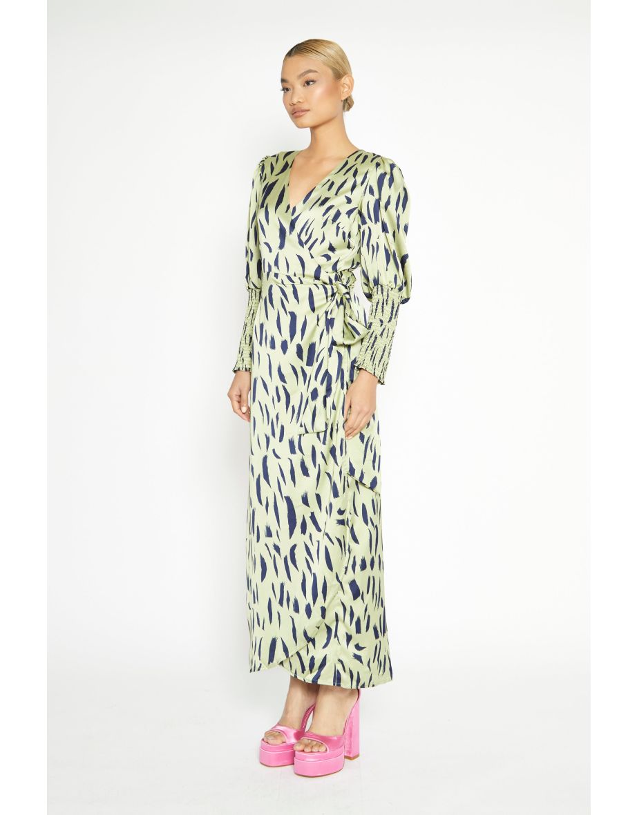 Green Ruched Column Maxi Wrap Dress with Long Sleeve - 3